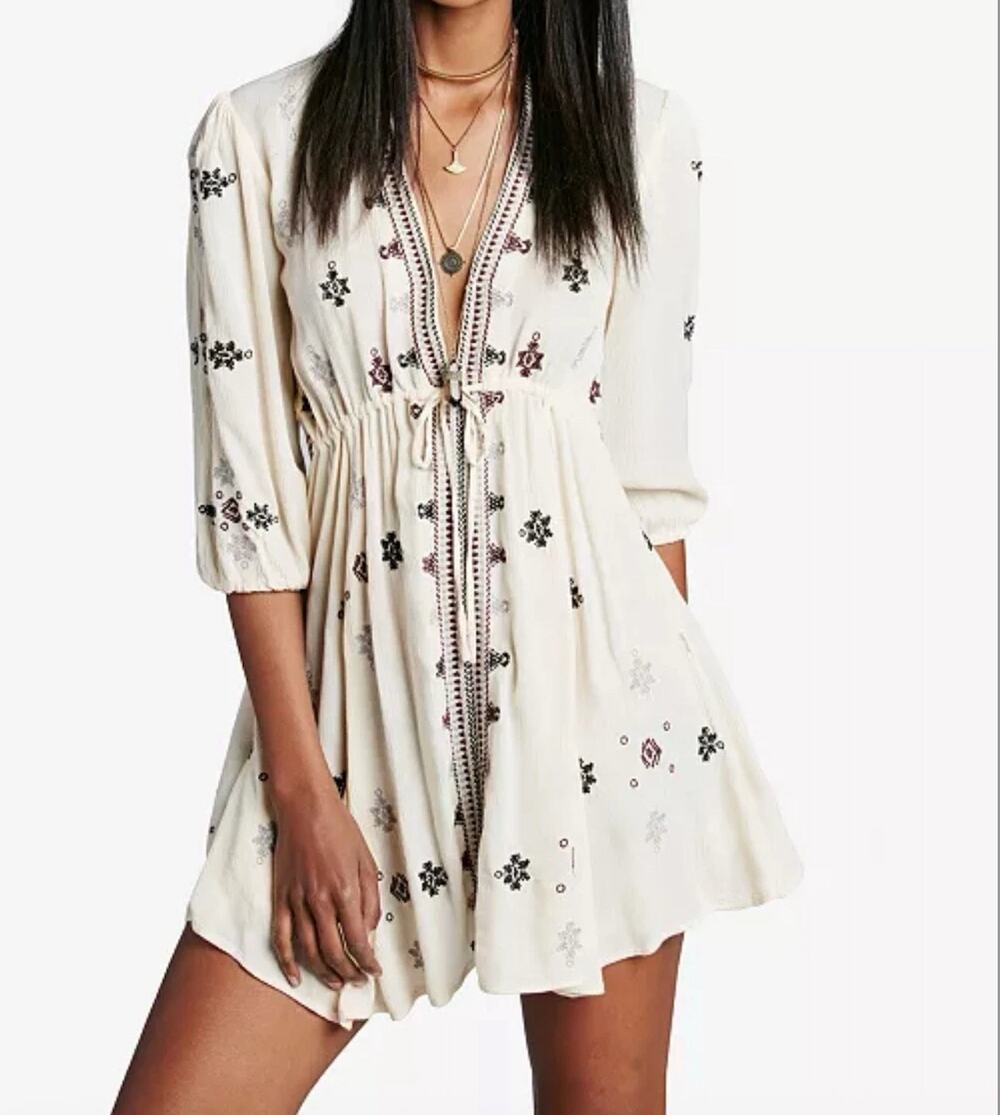 Free People Stargazer Mini Dress S Embroidered Boho Peasant Tunic Cream Black